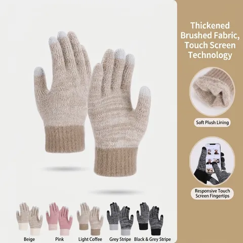 Winter Knitted Gloves For Women Fleece Lined Thermal Warm Touchscreen Compatible Outdoor Cycling Skiing Solid Color