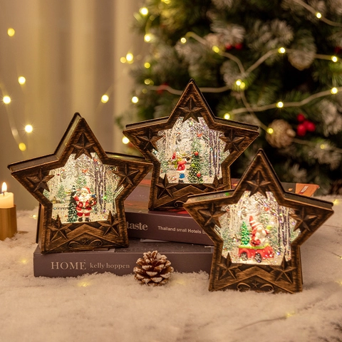 Boule à Neige de Noël en Forme d'Étoile Lumière LED Finition Bronze Rétro Ornement de Bureau Père Noël Bonhomme de Neige Renne Cadeau de Noël