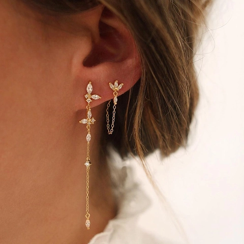 Orecchini Pendenti In Rame Placcato Oro Con Zirconia Marquise Nappa Lunga Fiore Foglia Stile Francese Vintage Per Donna