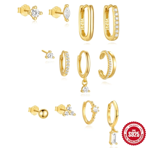 925 Sterling Silver U-Shape Geometric Earring Set For Women Gold Plated Zirconia Stud Hoops Ear Cuff Fashion Jewelry Gift