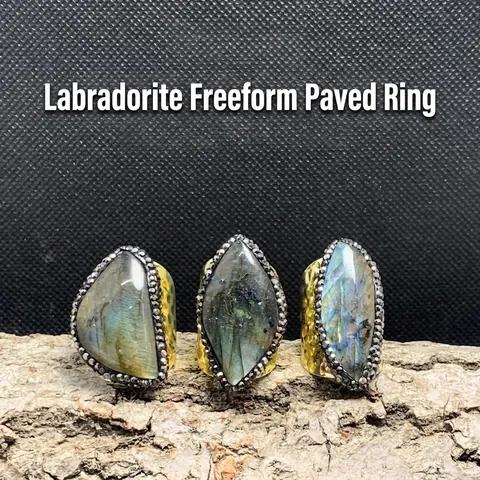 Adjustable Open Ring Irregular Labradorite Hammered Gold Plated Bohemian Vintage Wide Band For Women