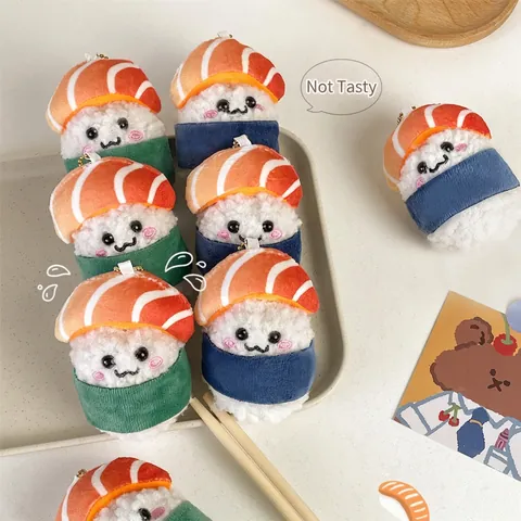 Cute Salmon Sushi Plush Keychain Kawaii Food Shaped Bag Charm Soft Stuffed Toy Pendant For Backpack Wallet