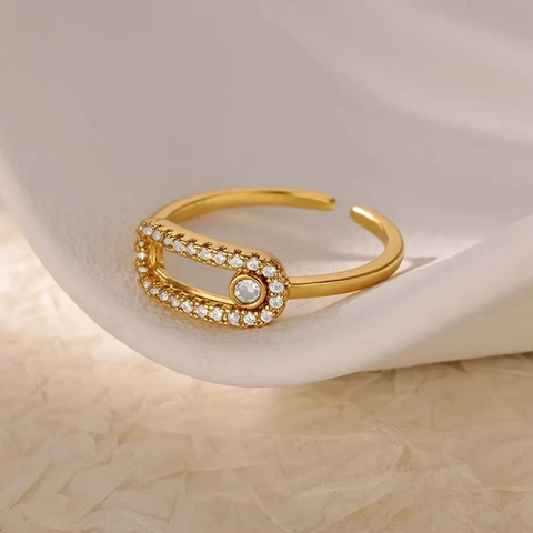 18K Gold Plated Open Ring For Women Adjustable Zirconia Leaf Flower Safety Pin Heart Sun Life Tree Finger Ring Fashion Jewelry