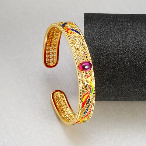 Bracciale Aperto Vintage Drago e Fenice Smalto Placcato Oro Rame Filigrana Vuota Bracciale Rigido Strass Donna Gioielli