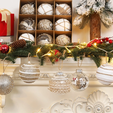 Palle Di Natale Ornamenti Appesi Plastica Glitter Iuta Pizzo Dipinto Fiocco Di Neve Renna Decorazione Albero