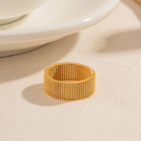 Anello in Acciaio Inossidabile a Maglia Minimalista per Donna Placcato Oro Trama Intrecciata Anello a Fascia Larga Gioielli
