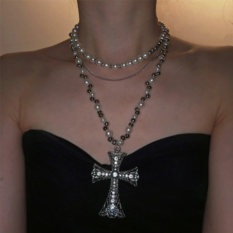 Layered Artificial Pearl Beaded Cross Pendant Necklace Rhinestone Inlaid Alloy Gothic Punk Vintage Style Women Jewelry