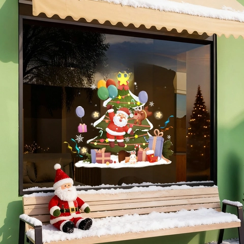 Christmas Window Stickers Static Cling PVC Reusable Double Sided Glass Decals Santa Reindeer Tree Holiday Home Decor