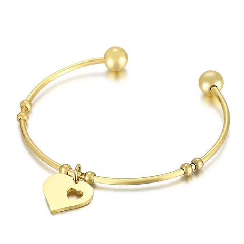 Roestvrijstalen Hart Charm Bangle Holle Hart Hanger Open Manchet Armband Met Kralen Accenten Voor Vrouwen Elegante Sieraden