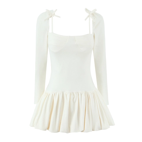 Balletcore Square Neck Mini Dress Long Sleeve Polyester Spandex Bow Tie Shoulder Bubble Hem Ruffle Sexy For Women