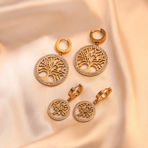 Pendientes Colgantes Redondos Árbol De Vida Chapados En Oro Acero Titanio Huecos Geométricos Circón Joyería Vintage Mujer