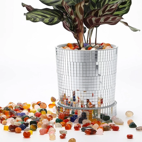 Disco Kugel Blumentopf Spiegel Mosaik Vase Reflektierender Pflanzgefäß Mit Tablett Für Wohnzimmer Party Deko