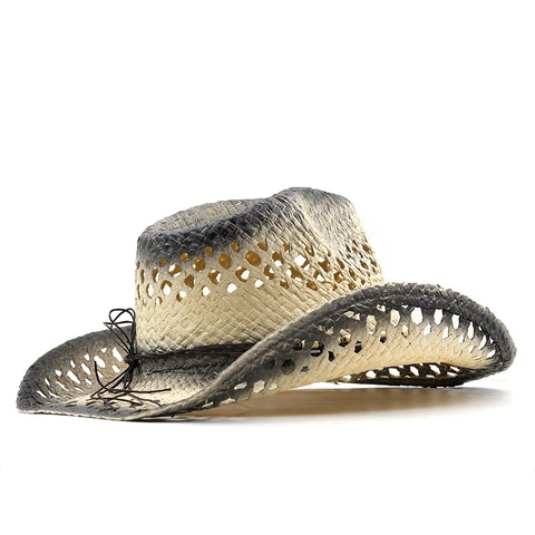 Cappello Di Paglia Cowboy Western Carta Intrecciata Traforato Sfumato Protezione Solare Tesa Larga Con Perline Legno
