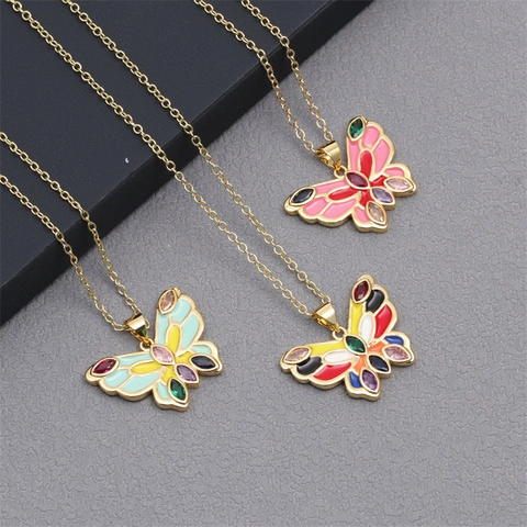 Butterfly Pendant Necklace Copper Enamel Colorful Zirconia Bohemian Style Gold Plated Clavicle Chain Jewelry For Women