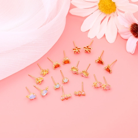 Cute Ocean Animal Stud Earrings Copper Inlaid Colorful Zircon Whale Crab Starfish With 925 Sterling Silver Earring Post