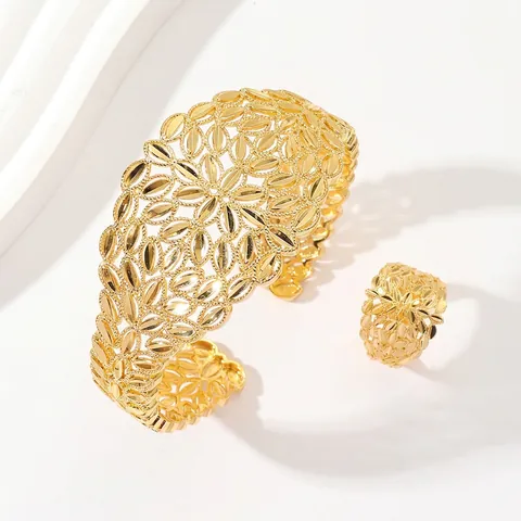 Nahöstlicher Luxus Kupfer Vergoldet Hohl Armband Und Ring Ethnische Blume Blatt Schmetterling Schmuck Für Damen