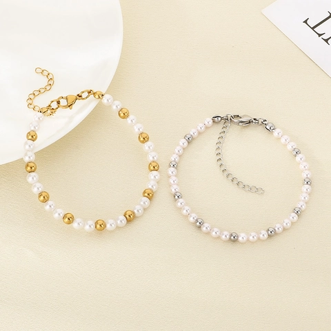 Pulsera De Perlas Artificiales De Vidrio Minimalista Cuentas De Metal Ajustable Elegante Tejida A Mano Joyería Para Mujer