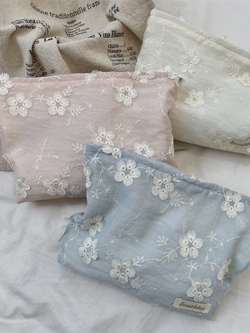 Trousse De Maquillage À Broderie Florale Grande Capacité Organisateur Cosmétique Polyester Toile Fermeture Éclair Voyage Femmes