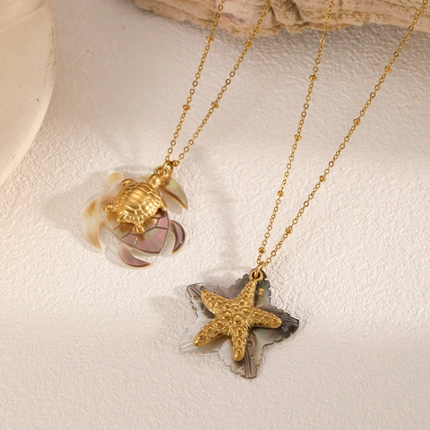 Meeresschildkröte Seestern Anhänger Halskette Edelstahl 18K Vergoldet Muschel Ozean Stil Mode Schmuck Für Frauen
