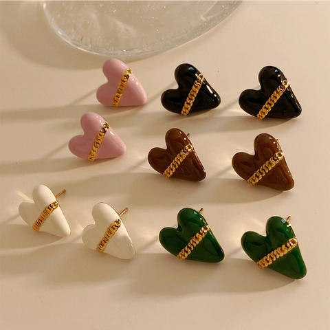 Heart Stud Earrings 316 Stainless Steel Enamel Oil Dripped Gold Chain Decorative Retro Fashion Women Jewelry