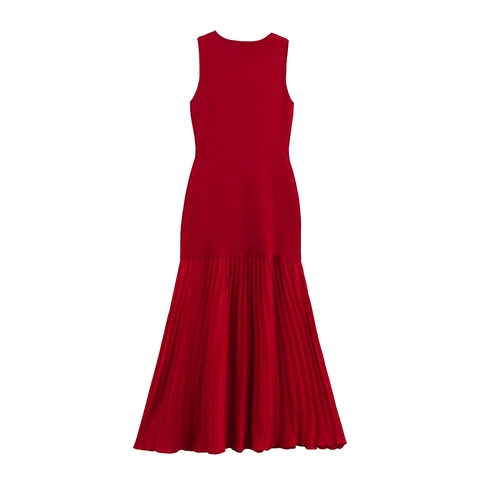 Women Casual Sleeveless Pleated Maxi Dress Round Neck Patchwork Solid Red Summer Street Style Dress With Belt