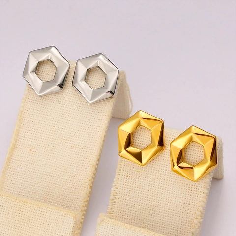 Orecchini Geometrici Esagonali Minimalisti In Acciaio Inossidabile Cavi Stile Moderno Placcati Oro 18K Gioielli