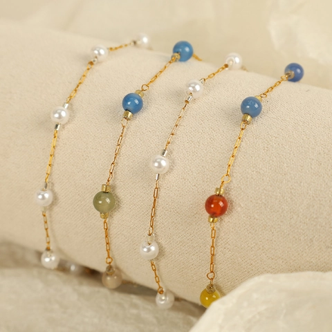 Minimalist Gold Chain Necklace Bracelet With Natural Colorful Stones And Artificial Pearls Stainless Steel Elegant Fashion Jewelry