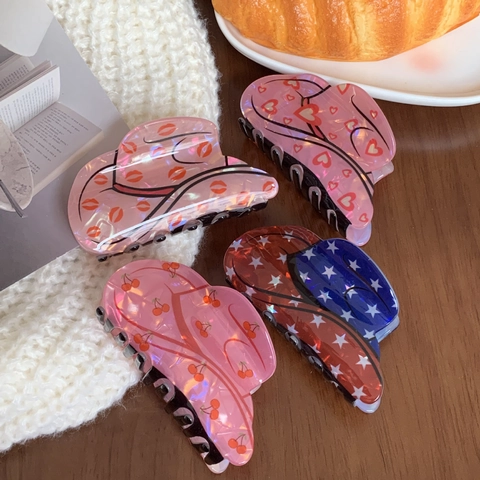Cowboy Hat Shape Hair Claw Clip Acrylic Retro Western Style Star Cherry Lip Heart Pattern Fashion Headwear For Women