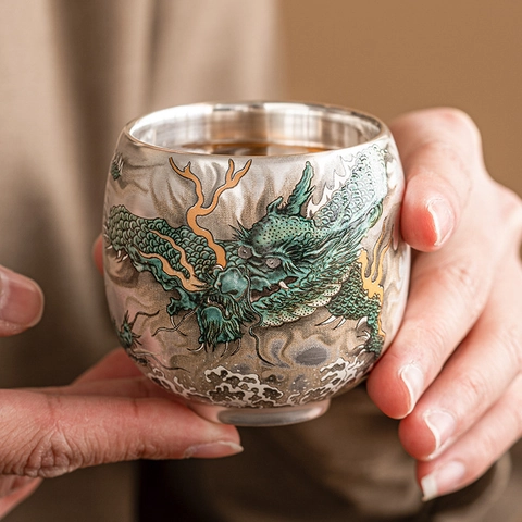 Tazza Da Tè In Ceramica Con Rilievo Drago Argentato Dorato Stile Cinese Vintage Porcellana Con Scatola Regalo Elegante