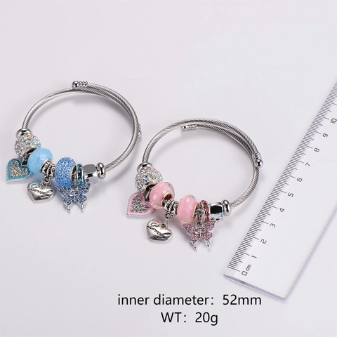 Stainless Steel Charm Bracelet With Heart Butterfly Pendant Rhinestone Crystal Beads Adjustable Wire Bangle For Women