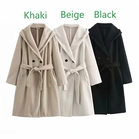 Women Hooded Long Coat Warm Woolen Fabric Waist Belt Button Front Pockets Loose Fit Outerwear