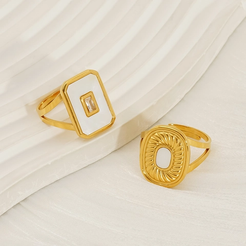 Vintage Geometric Adjustable Ring For Women 18k Gold Plated Stainless Steel With Zircon Turquoise Mother Of Artificial Pearl