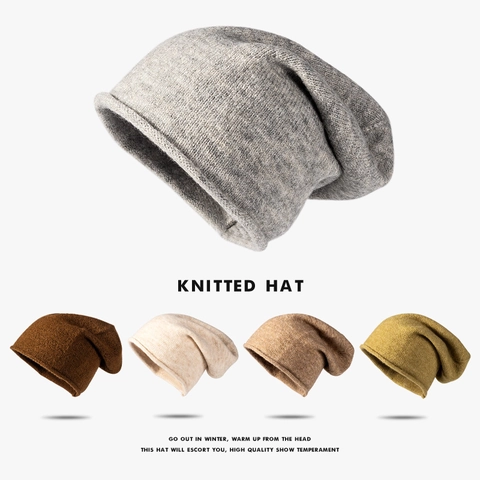 Bonnet En Laine Tricoté Pour Femme Style Coréen À La Mode Chaud Couleur Unie Bord Roulé Sans Bord Pour L'Hiver