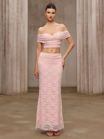 Off-Shoulder Lace Top And High Waist Mermaid Skirt Elegant Sexy Slim Women Evening Dinner Long Gown