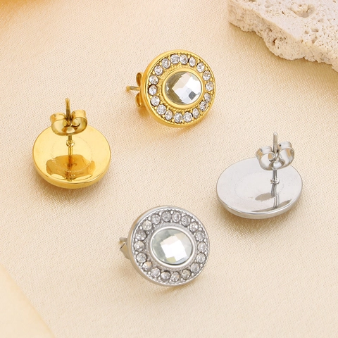 Pendientes De Botón De Acero Inoxidable Estilo Palacio Retro Con Circón Ovalado Diamantes De Imitación Chapado En Oro 18K