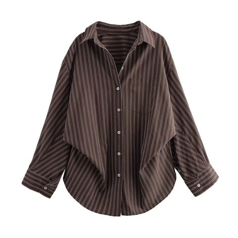 Dames Gestreepte Blouse Shirt Reverskraag Vleermuismouwen Los Casual Forenzenstijl Polyester Kastanje Bruin