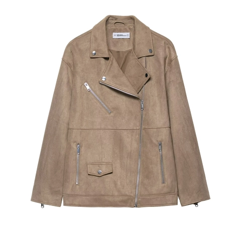 Damen Bikerjacke Aus Wildlederimitat Asymmetrischer Reißverschluss Revers Retro Streetwear Oberbekleidung