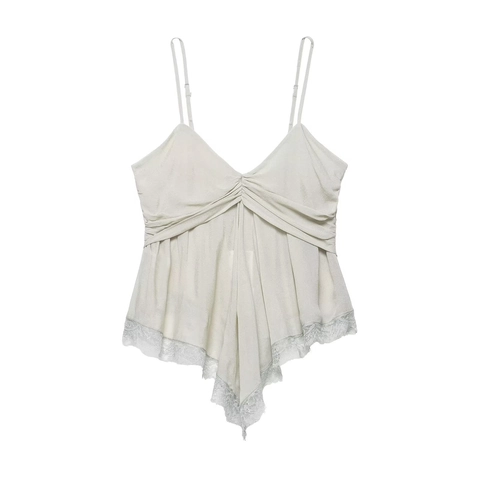 Women's Camisole Top Georgette Ruched Lace Trim Adjustable Straps Cropped Slim Fit Casual Sexy Streetwear