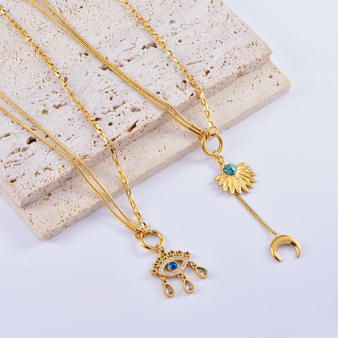 Böhmische Edelstahl Halskette Mit Böser Blick Anhänger Vergoldet Stern Mond Türkis Quaste Choker Für Damen Modeschmuck