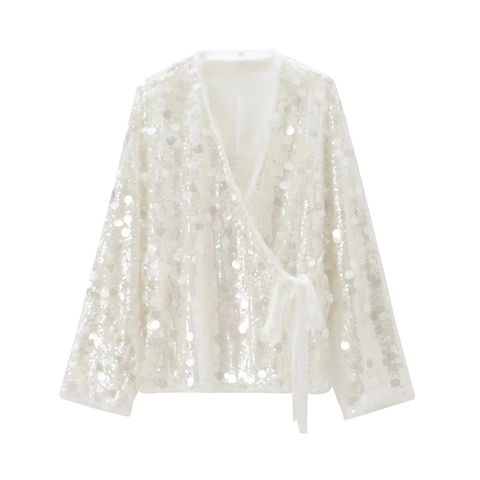 Damen Sexy Pailletten Wickeloberteil V-Ausschnitt Langarm Glitzer Bluse Party Jacke Für Abend Hochzeit Party Oberteil