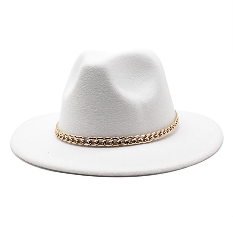 Klassieke Fedora Hoed Katoen Polyester Mix Brede Rand Gouden Metalen Ketting Decoratie Retro Jazz Pet