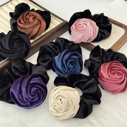 3D Rosenblume Scrunchies Samt Retro Elegante Haargummis Pferdeschwanz Halter Für Frauen Vintage Haarschmuck Dekor
