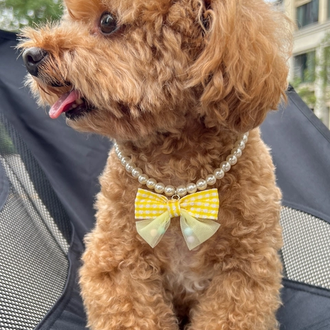 Pet Artificial Pearl Necklace With Plaid Mesh Bow Sweet Elegant Jewelry For Cats Small Dogs Adjustable Clasp Fashion Accessories