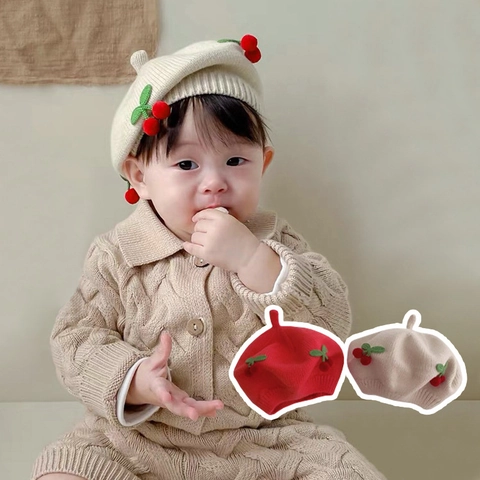 Baby Baret Zacht Breiwerk Winter Warm Kersendecoratie Zoete Schattige Stijl Voor Peuters