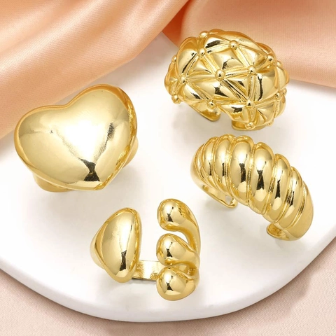 Anello Aperto Regolabile Per Donna Rame Placcato Oro 18K Forma Cuore Nervato Design Geometrico Gioielli Moda Accessorio