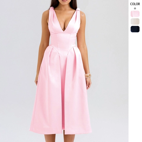 Satin Midi Dress Deep V Neck Sleeveless High Waist Pleated A-Line Party Evening Formal Elegant For Women
