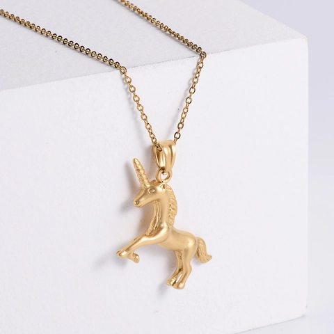 Unicorn Pendant Necklace 304 Stainless Steel 18K Gold Plated Matte Finish Sandblasted Animal Jewelry For Women Girls