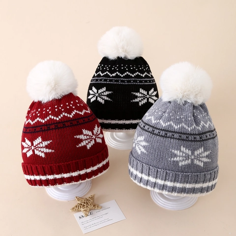 Kids Knitted Beanie Hat Acrylic Winter Warm Snowflake Christmas Pom Pom Ear Protection Outdoor