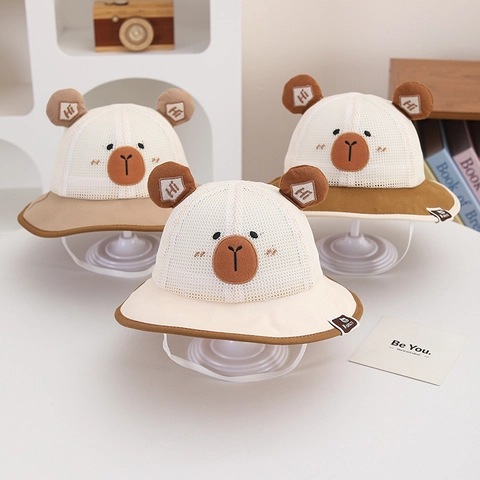 Cappello Sole Bambini Neonati Orecchie Orso Simpatico Traspirante Rete Cappello Pescatore Estate Protezione Solare Con Sottogola
