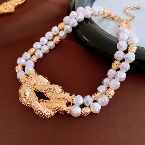 Layered Simulated Artificial Baroque Pearl Necklace With Gold Knotted Copper Centerpiece Retro Exaggerated Jewelry For Women